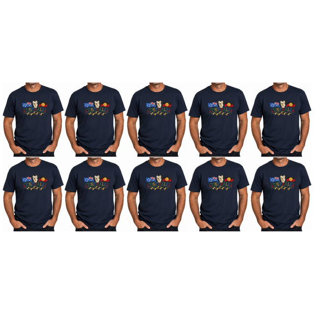 10x Adult Kangaroo, Koala & Australia Flags T-Shirt Bulk Pack - Navy Blue (100% Cotton Souvenir Gift Tee Top)