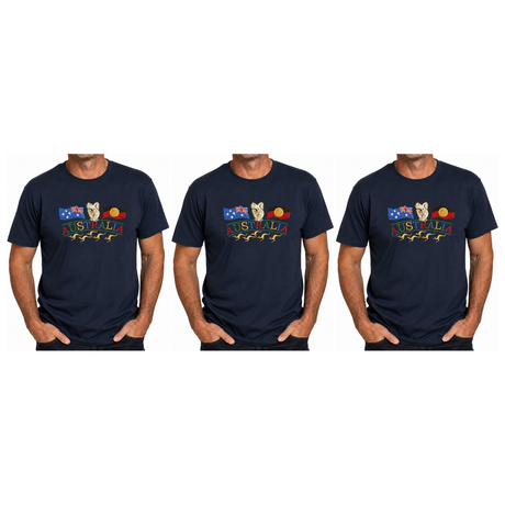 3x Adult Kangaroo, Koala & Australia Flags T-Shirt Pack - Navy Blue (100% Cotton Souvenir Gift Tee Top)