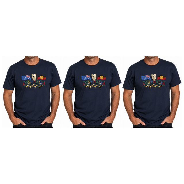 3x Adult Kangaroo, Koala & Australia Flags T-Shirt Pack - Navy Blue (100% Cotton Souvenir Gift Tee Top)
