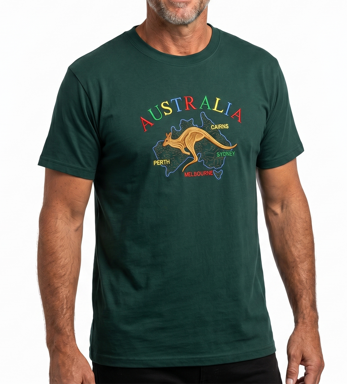 Adult Kangaroo Australia Map T-Shirt - Bottle Green (100% Cotton Souvenir Gift Tee Top)
