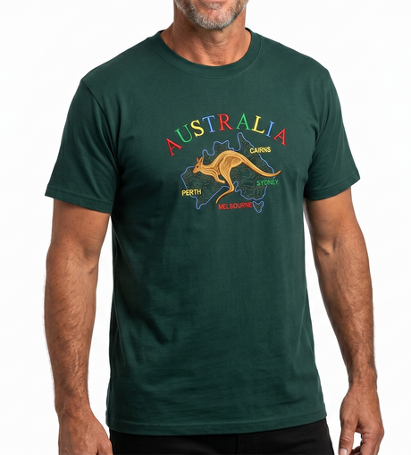 Adult Souvenir Australia Map Kangaroo T Shirt - Bottle Green (100% Cotton Australia Day Tee Top)