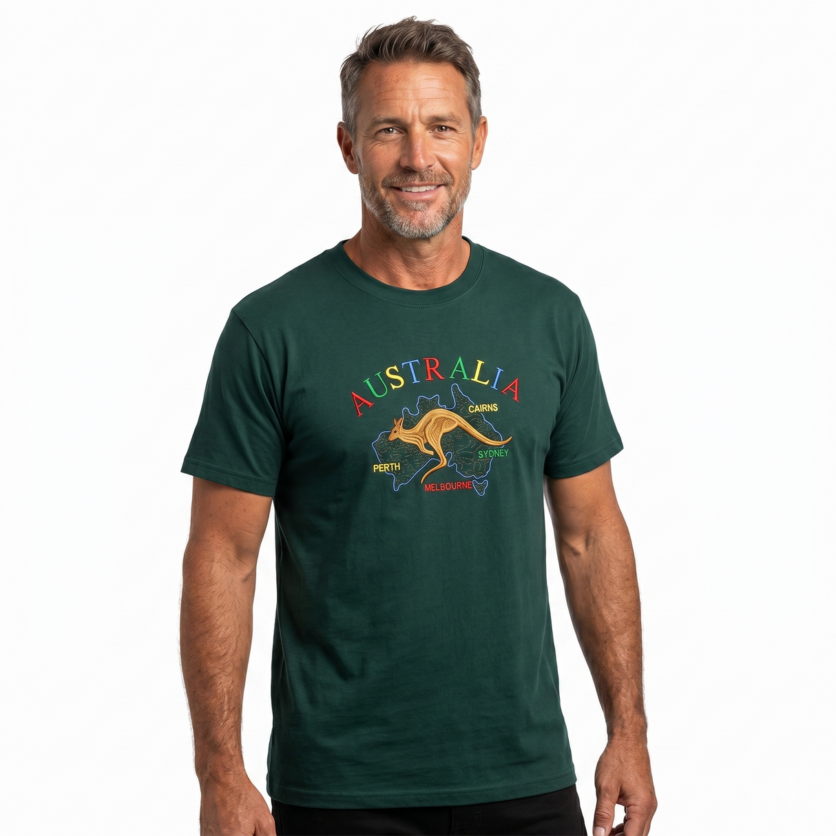 Adult Kangaroo Australia Map T-Shirt - Bottle Green (100% Cotton Souvenir Gift Tee Top)