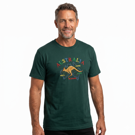 Adult Souvenir Australia Map Kangaroo T Shirt - Bottle Green (100% Cotton Australia Day Tee Top)