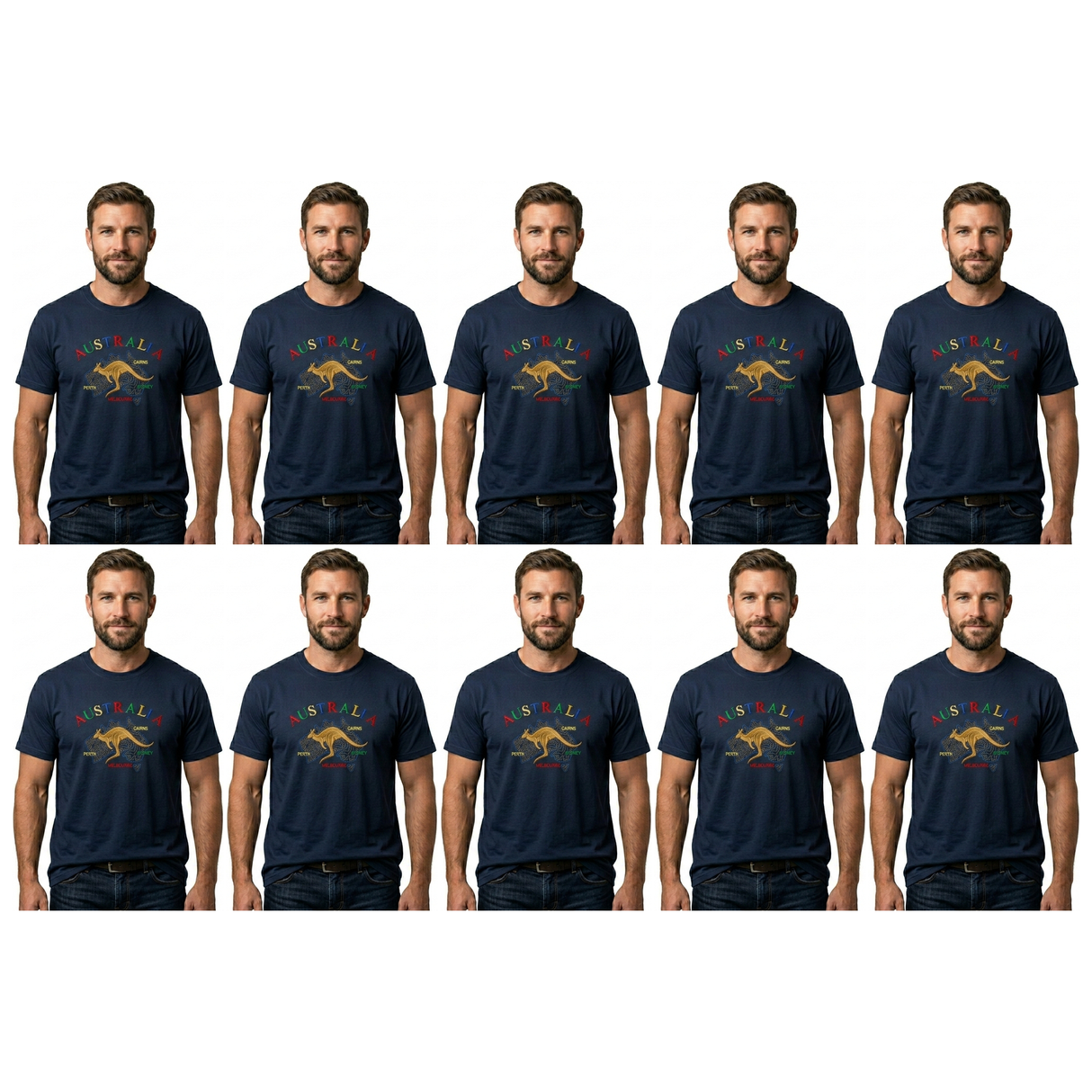 10x Adult Kangaroo Australia Map T-Shirt Bulk Pack - Navy Blue (100% Cotton Souvenir Gift Tee Top)