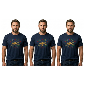 3x Adult Kangaroo Australia Map T-Shirt Pack - Navy Blue (100% Cotton Souvenir Gift Tee Top)