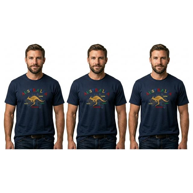 3x Adult Kangaroo Australia Map T-Shirt Pack - Navy Blue (100% Cotton Souvenir Gift Tee Top)