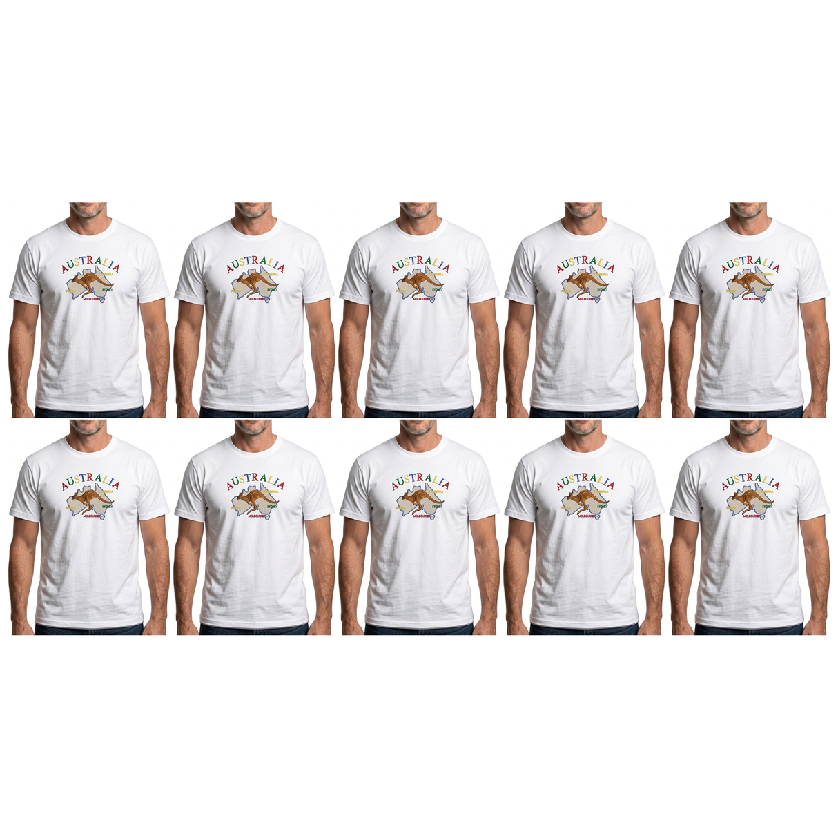 10x Adult Kangaroo Australia Map T-Shirt Bulk Pack - White (100% Cotton Souvenir Gift Tee Top)