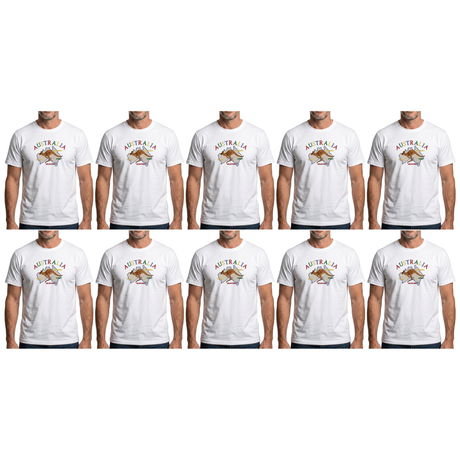 10x Adult Kangaroo Australia Map T-Shirt Bulk Pack - White (100% Cotton Souvenir Gift Tee Top)