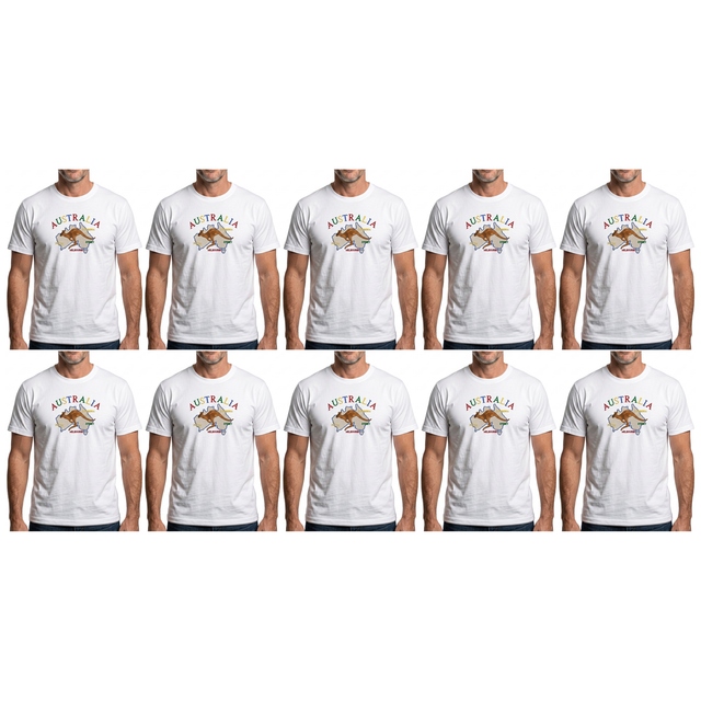 10x Adult Kangaroo Australia Map T-Shirt Bulk Pack - White (100% Cotton Souvenir Gift Tee Top)
