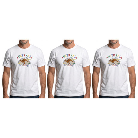 3x Adult Kangaroo Australia Map T-Shirt Pack - White (100% Cotton Souvenir Gift Tee Top)