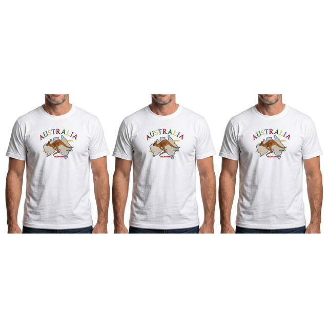 3x Adult Kangaroo Australia Map T-Shirt Pack - White (100% Cotton Souvenir Gift Tee Top)