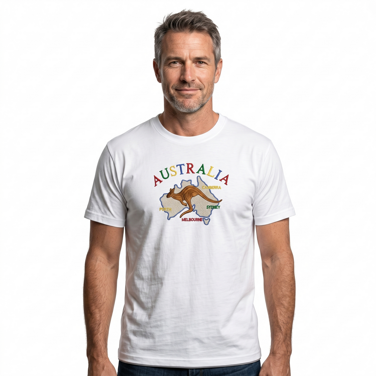 Adult Kangaroo Australia Map T-Shirt - White (100% Cotton Souvenir Gift Tee Top)