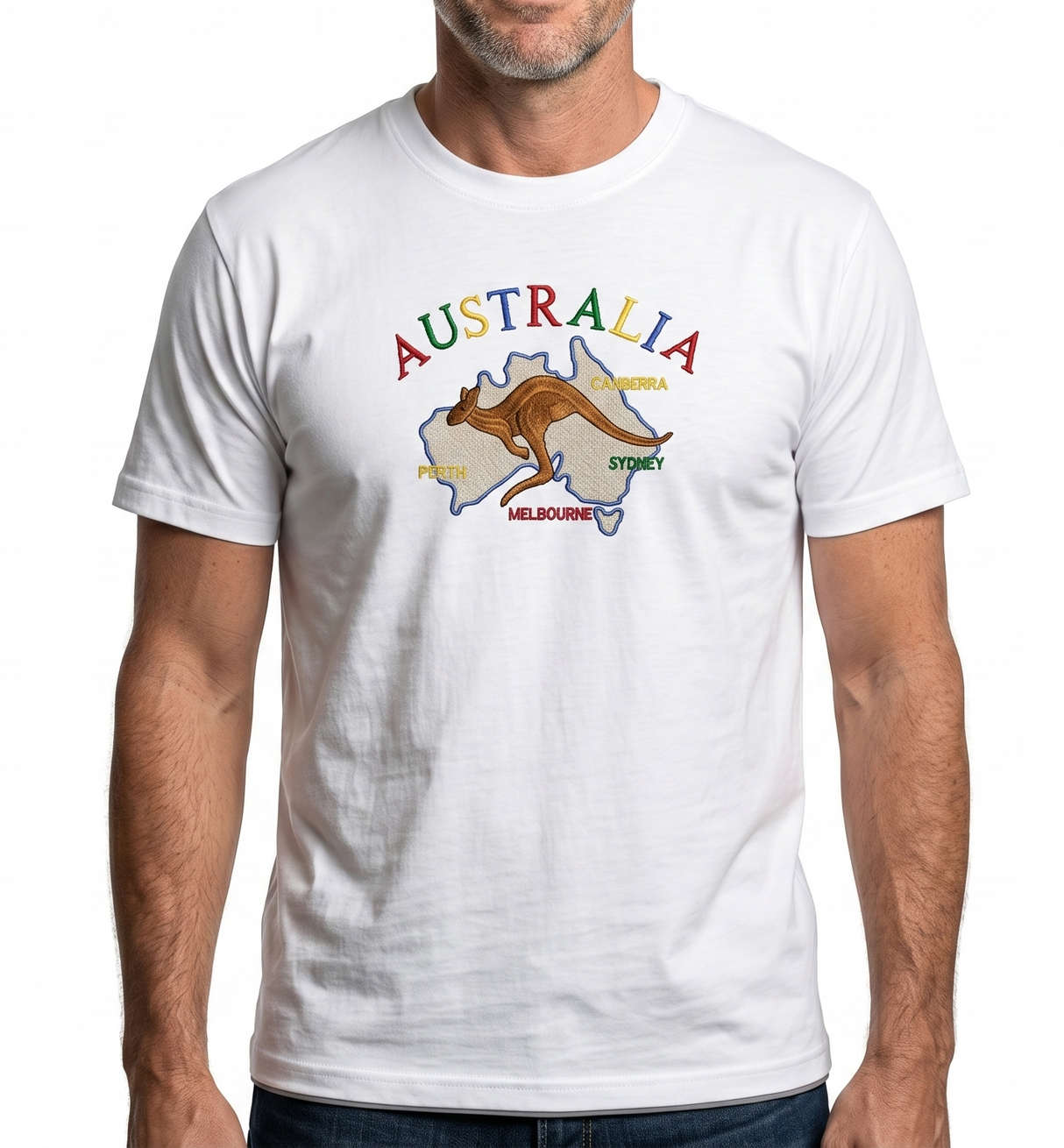 Adult Kangaroo Australia Map T-Shirt - White (100% Cotton Souvenir Gift Tee Top)