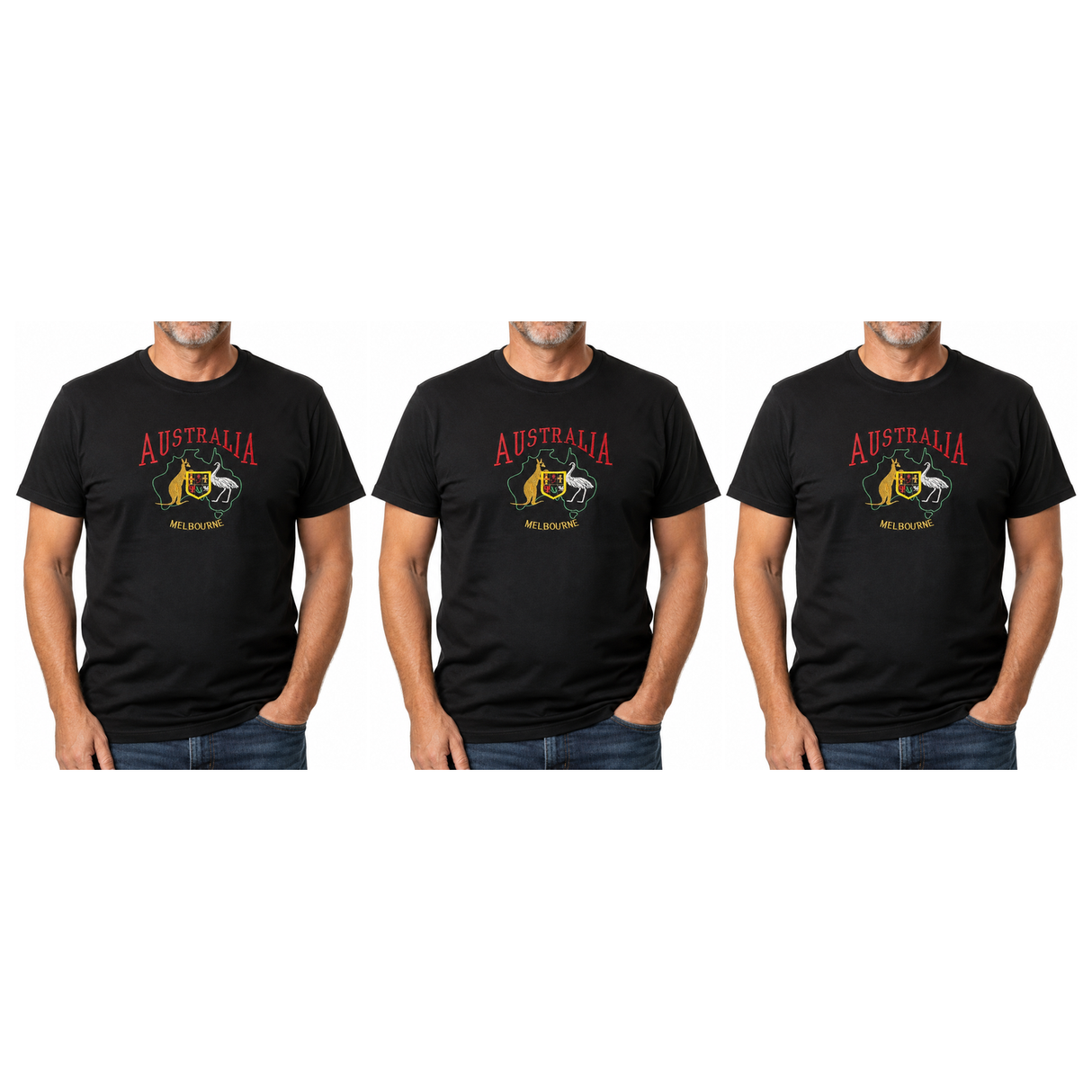 3x Adult Kangaroo Emu Australia Melbourne T-Shirt Pack - Black (100% Cotton Souvenir Gift Top)