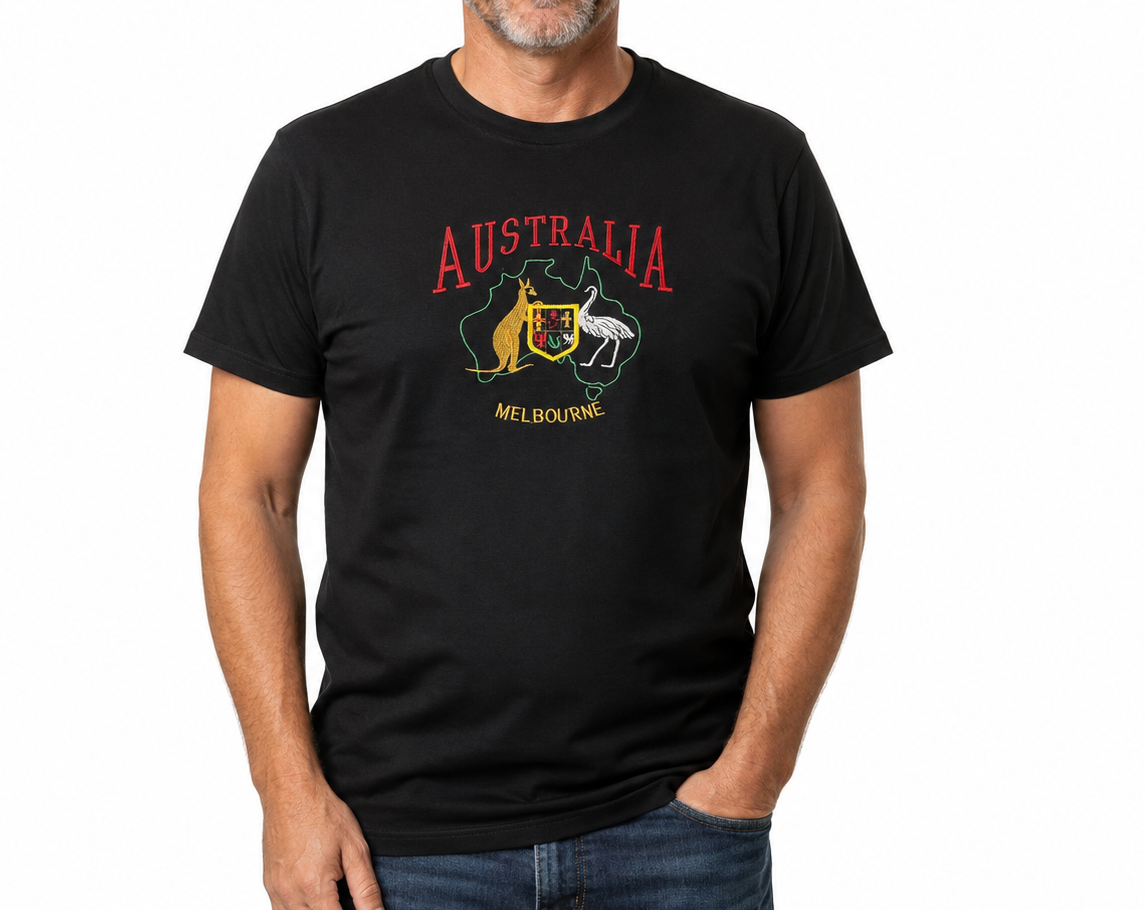 Adult Australia T Shirt Kangaroo Emu Melbourne 100% Cotton Souvenir Tee Top - Black - XXL