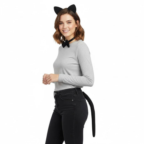 Black Cat Ears Headband w/ Bow & Tail - Animal Halloween & Fancy Dress Costume