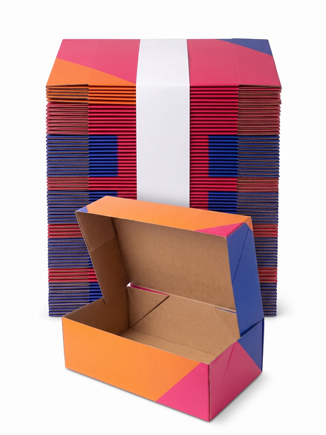 100x Medium Flat-Pack Cardboard Packing Boxes/Cartons Bulk Pack - Geometric Print (260x130x90mm)