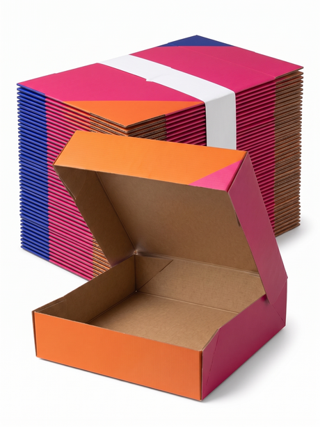 120x Large Deep Flat-Pack Cardboard Packing Boxes/Cartons Bulk Pack - Geometric Print (255x255x65mm)