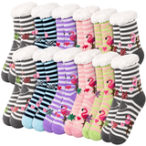 12 Pairs Ladies Thick Fur Bed Socks Womens Sherpa Fluffy Non Slip - Assorted Flamingo