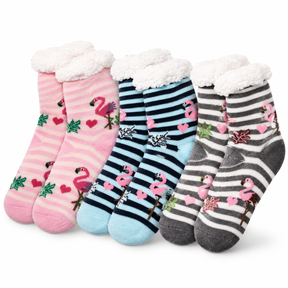 3 Pairs Ladies Thick Fur Bed Socks Womens Sherpa Fluffy Non Slip - Assorted Flamingo