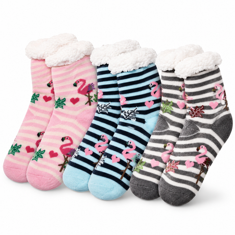 3 Pairs Womens Thick Fur Fluffy Sherpa Bed Socks - Assorted Flamingo (Non-Slip)