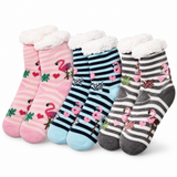 3 Pairs Ladies Thick Fur Bed Socks Womens Sherpa Fluffy Non Slip - Assorted Flamingo