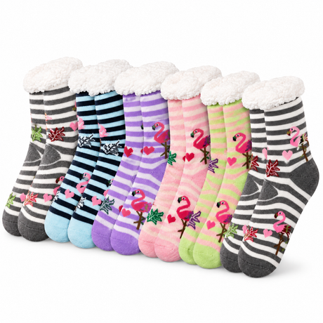 6 Pairs Womens Thick Fur Fluffy Sherpa Bed Socks Pack - Assorted Flamingo (Non-Slip)