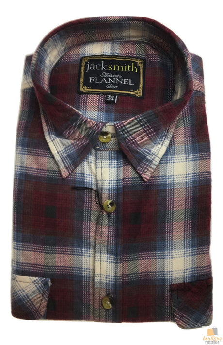 Mens Button Up FLANNELETTE SHIRT Check 100% COTTON Flannel Vintage - Red 90 (Full Placket)