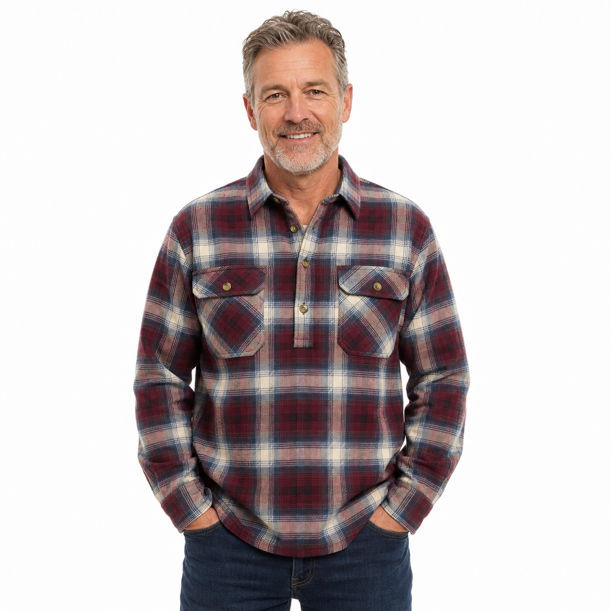 Mens 100% Cotton Small Flannelette Shirt - Burgundy Check (Half Placket Flannel Pullover Shirt)