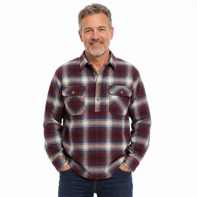 Mens Button Up FLANNELETTE SHIRT Check 100% COTTON Flannel Vintage - Burgundy 97 (Half Placket) - S