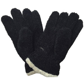 Thick Boucle Fluffy Warm Winter Knit Gloves - Wrist Length Plush Ski - Black