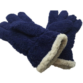 Thick Boucle Fluffy Warm Winter Knit Gloves - Wrist Length Plush Ski - Navy