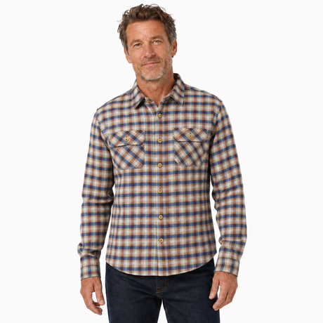 Mens Vintage Long Sleeve Flannelette Shirt - Beige (100% Cotton Check Flannel)