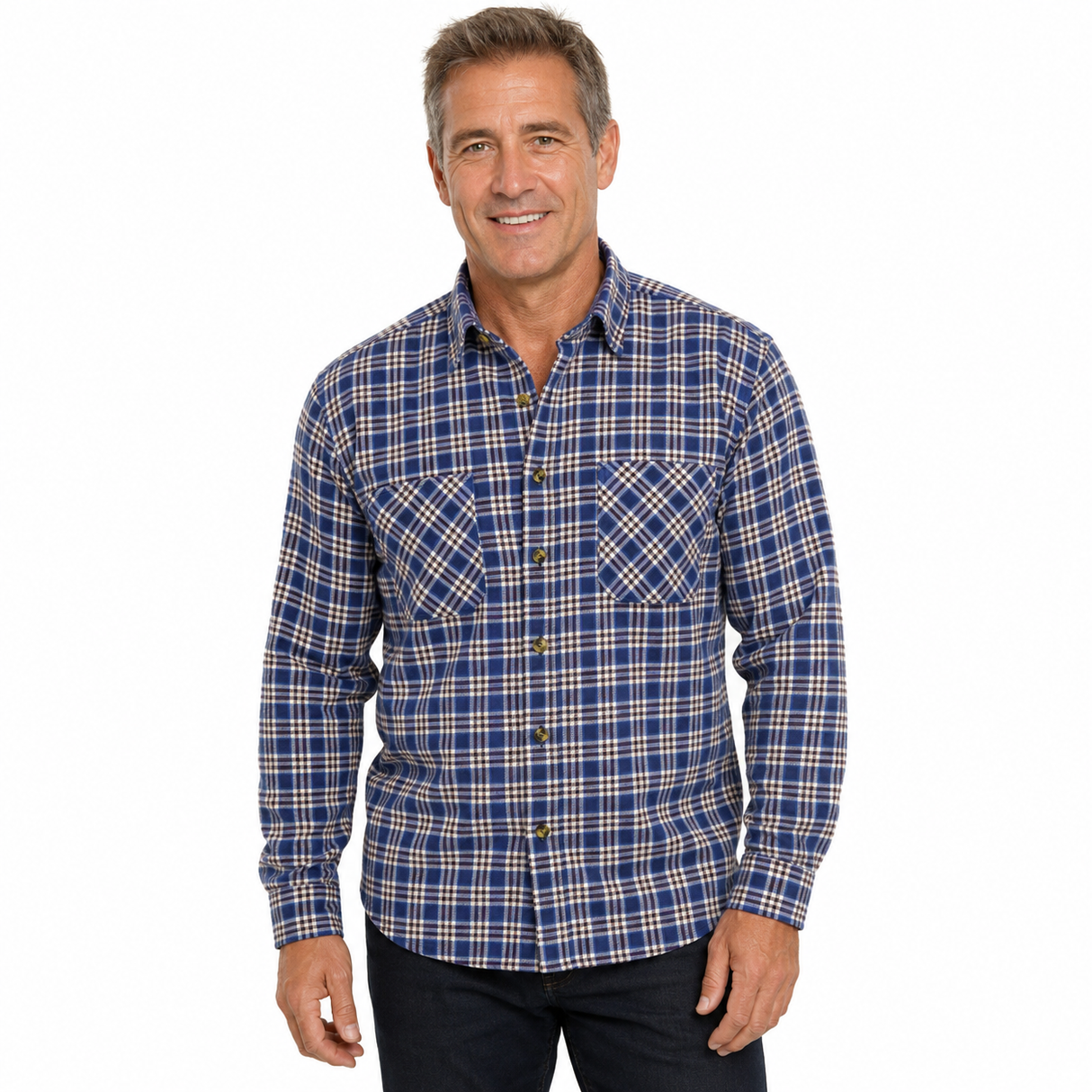 Mens Vintage Long Sleeve Flannelette Shirt - Blue/White (100% Cotton Check Flannel)