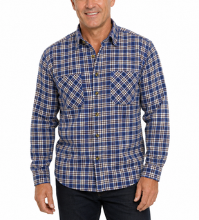 Mens Vintage Long Sleeve Flannelette Shirt - Blue/White (100% Cotton Check Flannel)