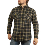 Mens Vintage Long Sleeve Flannelette Shirt - Black/Yellow (100% Cotton Check Flannel)
