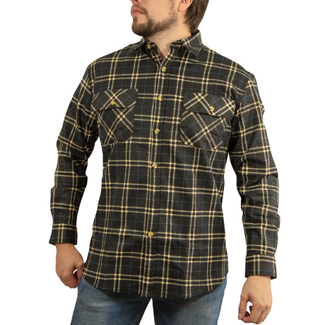 Mens Vintage Long Sleeve Flannelette Shirt - Black/Yellow (100% Cotton Check Flannel)