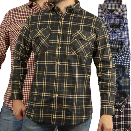 Mens FLANNELETTE SHIRT Check 100% COTTON Flannel Vintage Long Sleeve - 182 (Full Placket)