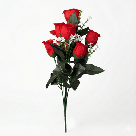Artificial Rose Flowers for Cemetery 8 Stems Fake Flower Arrangement Bouquet in Red