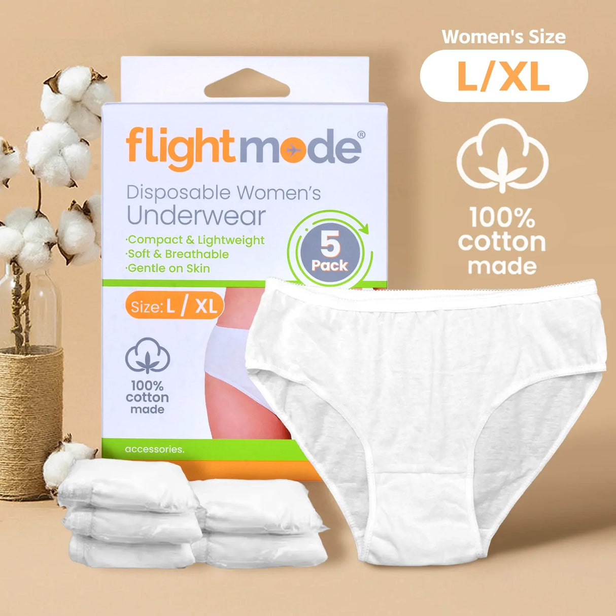 5pcs Womens Disposable Underwear Undies in L/XL (100% Cotton)