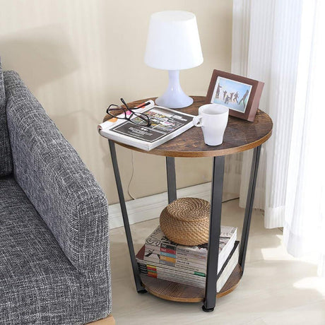 Viviendo Side Table Retro 2-Tier Wooden Industrial Style Round Coffee Table Living Room