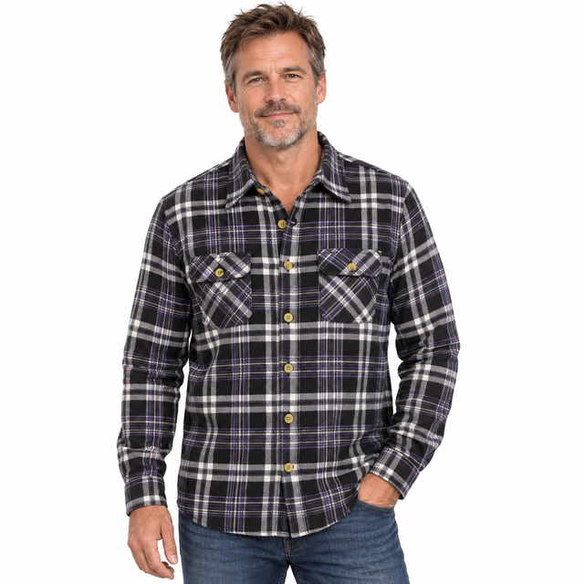 Jacksmith Mens Long Sleeve Flannelette Small Shirt - Black/Purple (100% Cotton Check Full Placket Flannel)