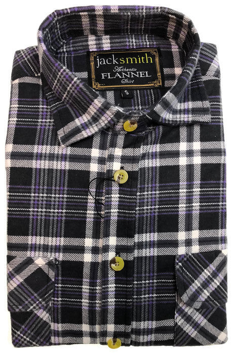 Mens Flannelette Shirt 100% Cotton Check Authentic Flannel Long Sleeve Vintage - Black/Purple - S