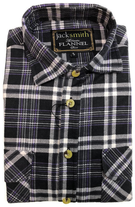 Mens Flannelette Shirt 100% Cotton Check Authentic Flannel Long Sleeve Vintage - Black/Purple - S