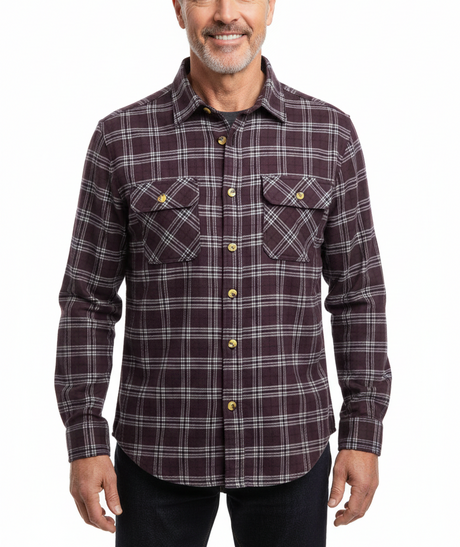 Mens Flannelette Shirt 100% Cotton Check Authentic Flannel Long Sleeve Vintage - Burgundy - S