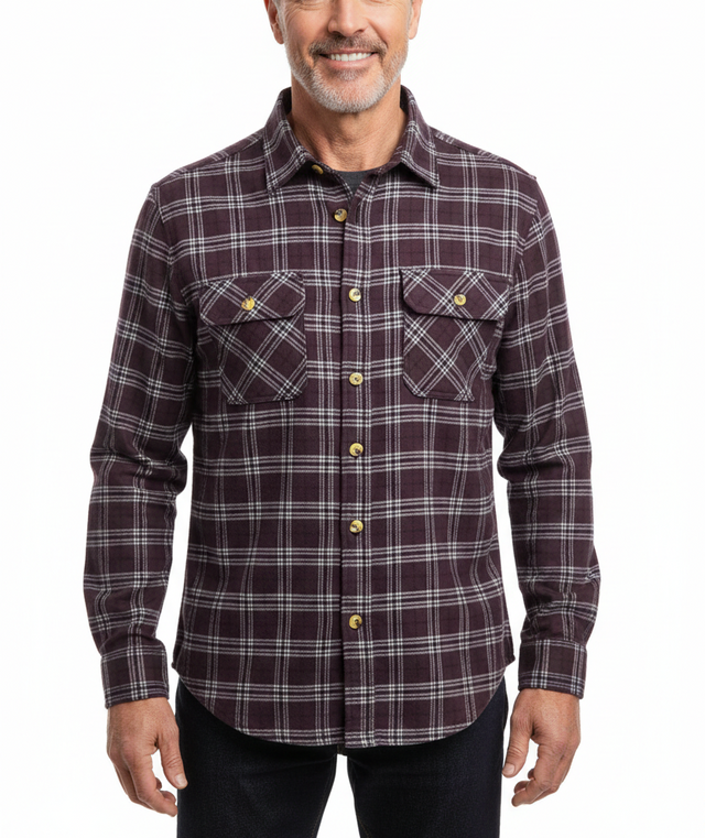 Mens Flannelette Shirt 100% Cotton Check Authentic Flannel Long Sleeve Vintage - Burgundy - S