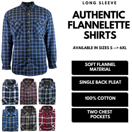 Mens Flannelette Shirt 100% Cotton Check Authentic Flannel Long Sleeve Vintage - White/Blue Denim