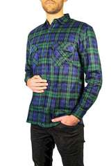 Mens Long Sleeve Flannelette Shirt - Green/Blue (100% Cotton Check Full Placket Flannel)