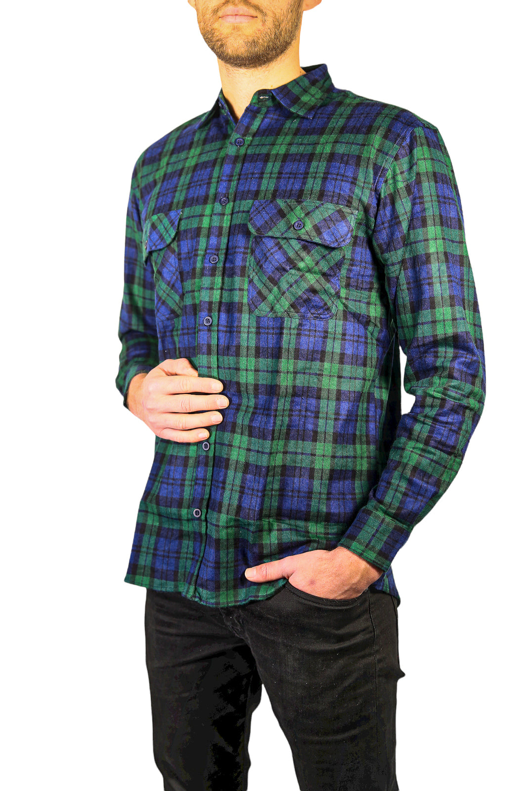 Mens Long Sleeve Flannelette Shirt - Green/Blue (100% Cotton Check Full Placket Flannel)