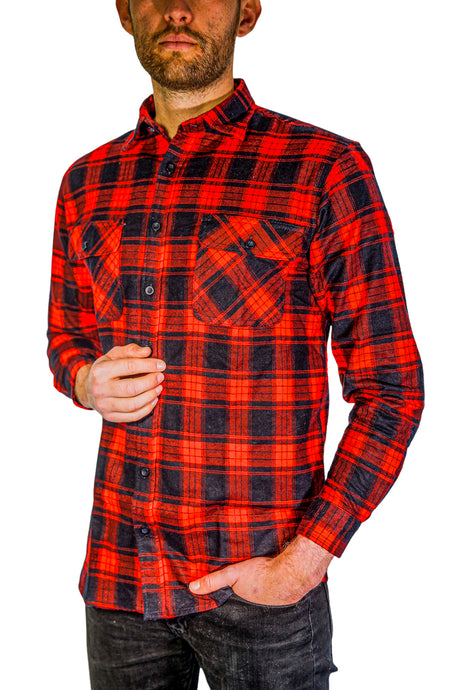 Mens Long Sleeve Flannelette Shirt - Black/Red (100% Cotton Check Full Placket Flannel)